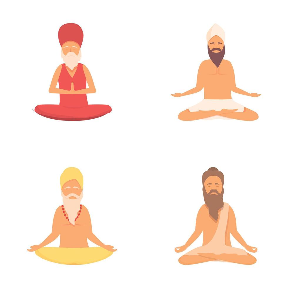 Yogi icons set cartoon . Meditating man in yoga lotus pose vector