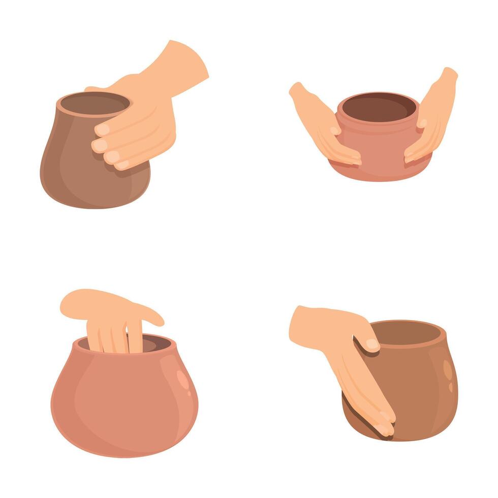 Pottery manufacturing icons set cartoon . Creating clay vase on wheel vector