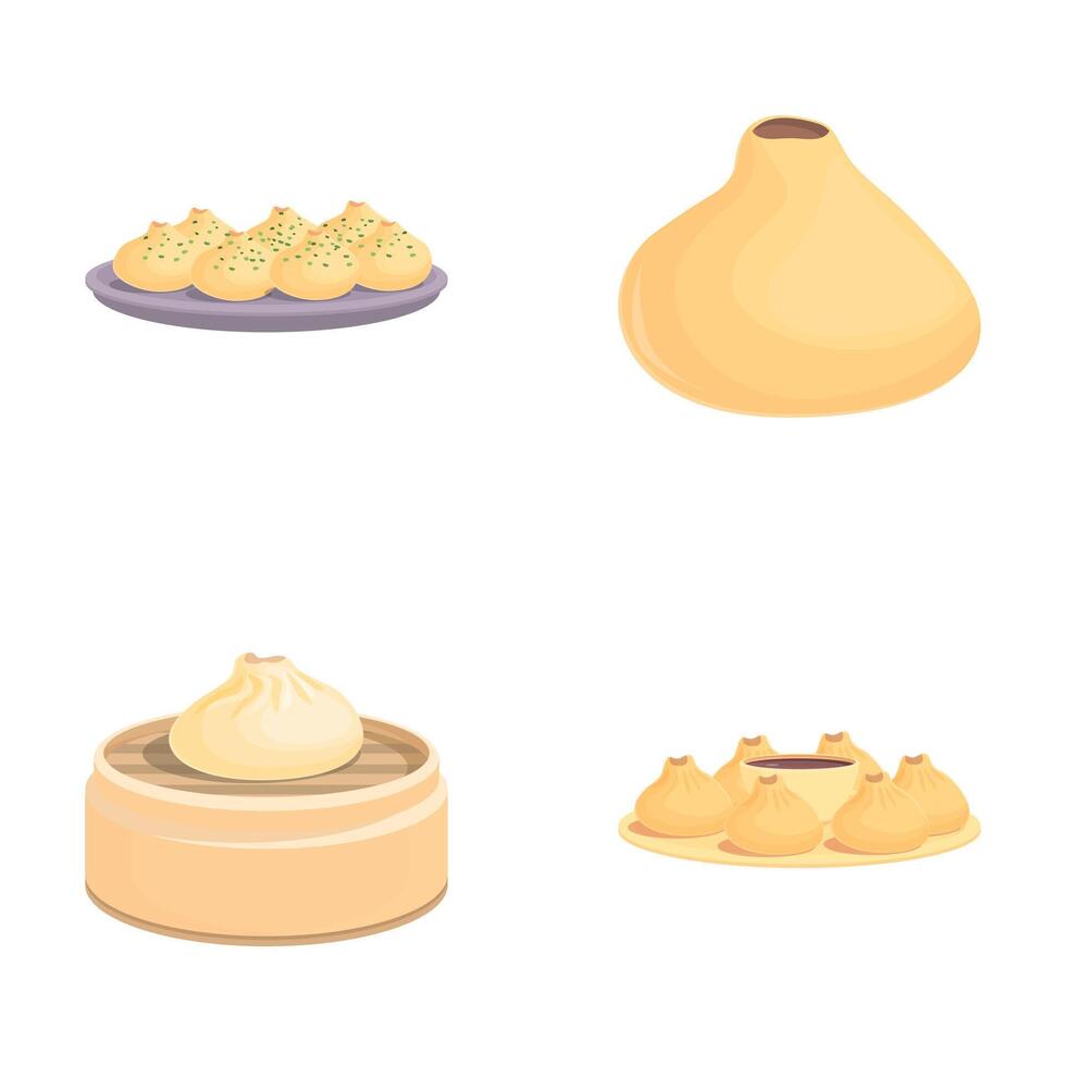 Fresh baozi icons set cartoon . Baozi with bamboo steamer basket vector