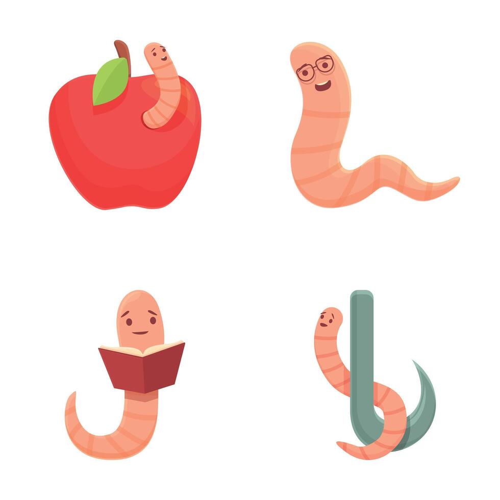 Cute worm icons set cartoon . Amusing adorable worm vector