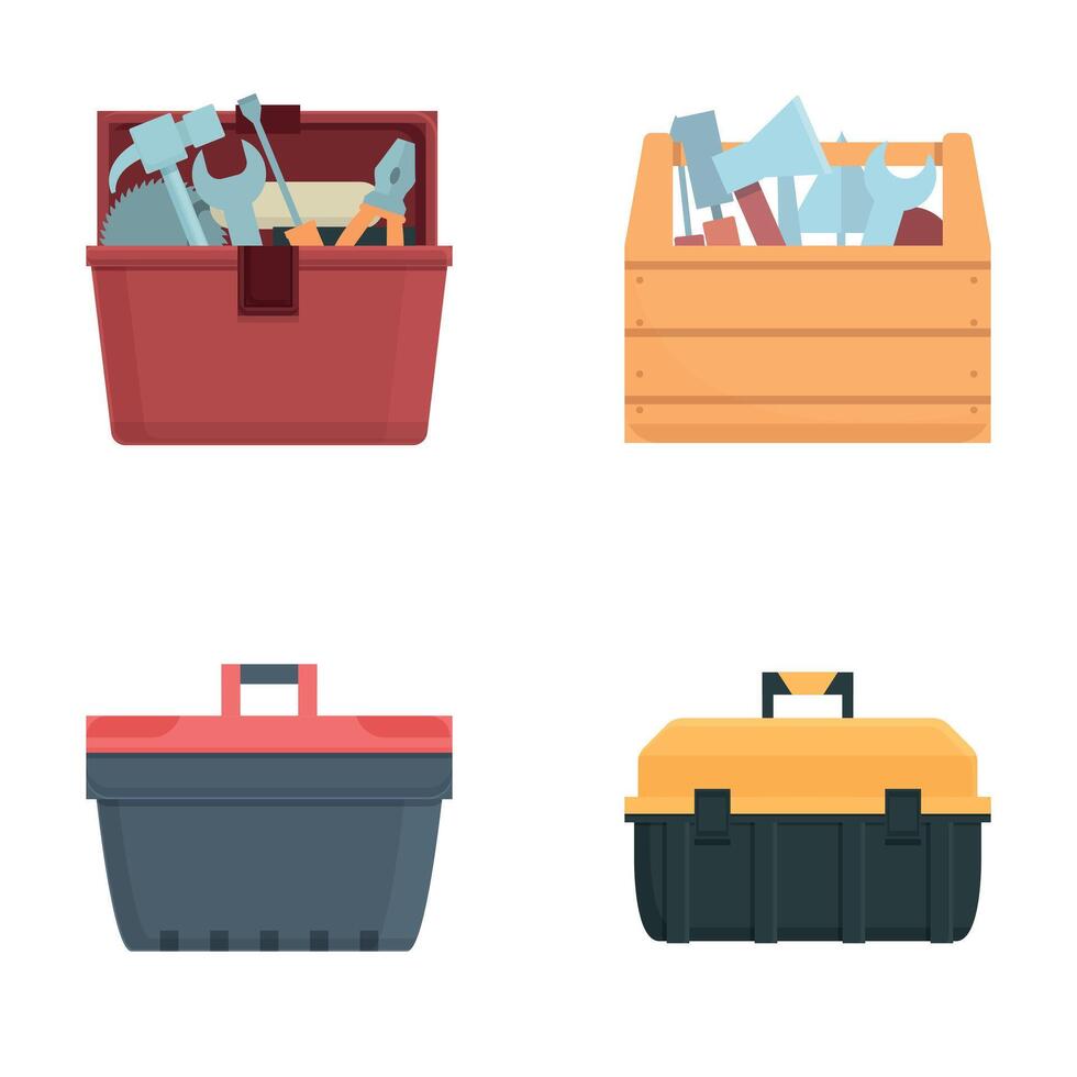 Tool box icons set cartoon . Toolbox with hand instrument inside vector