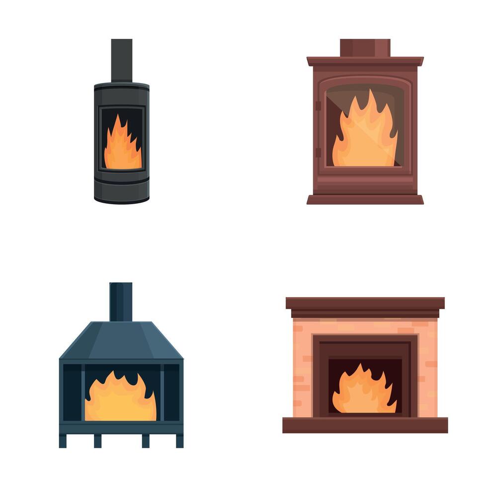 Home fireplace icons set cartoon . Various fireplace with firewood flame vector