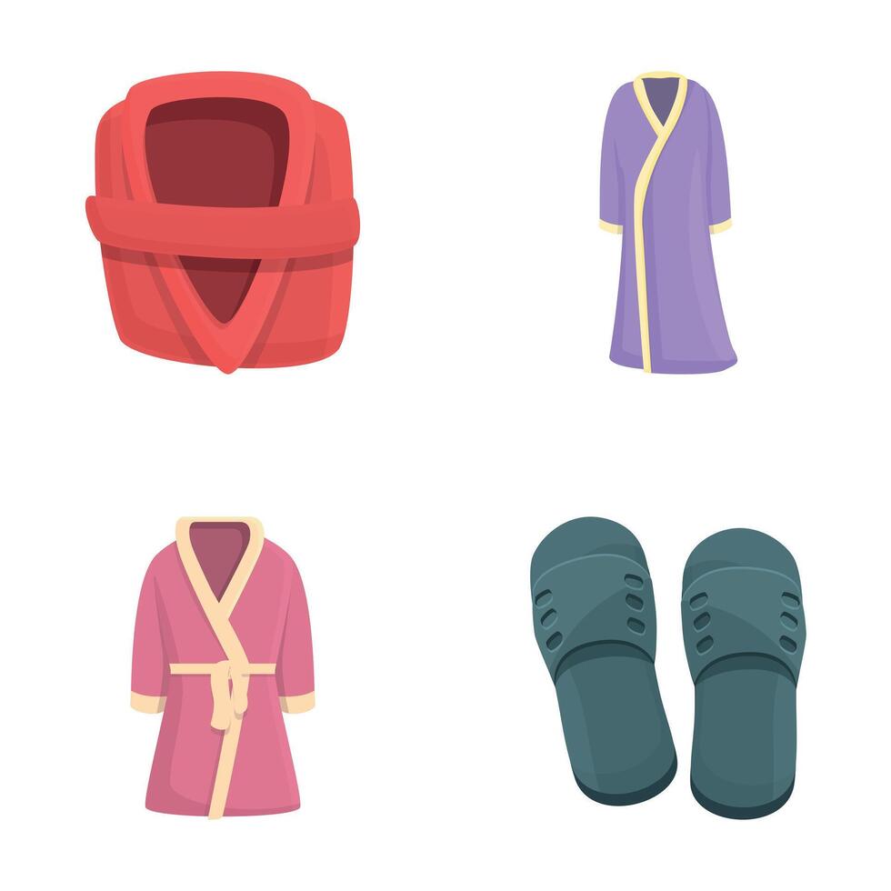 Hotel accessory icons set cartoon . Colorful bathroom textile item vector