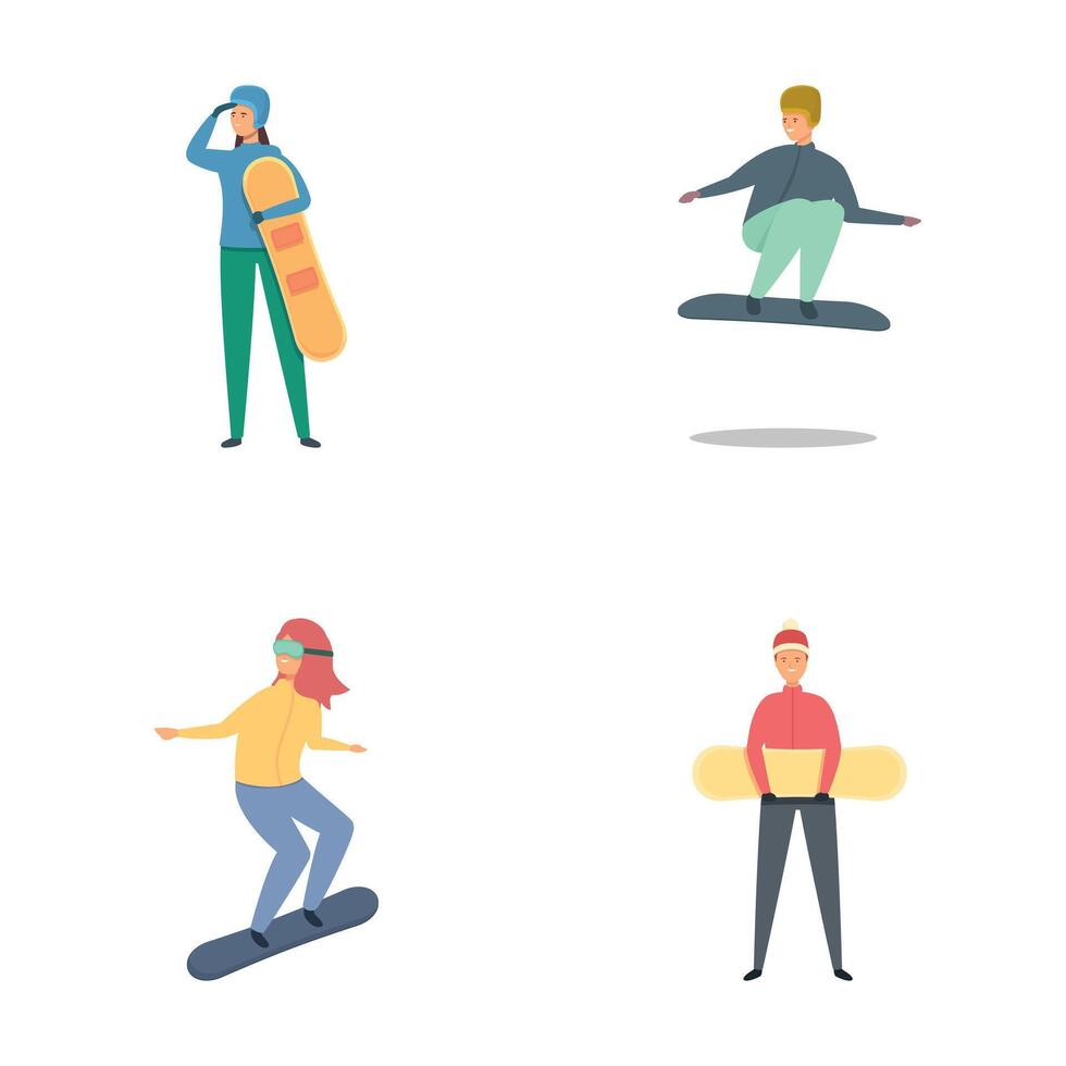 Snowboarder icons set cartoon . Snowboarder in training to learn ride vector