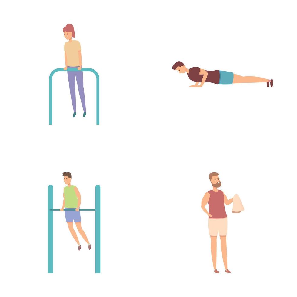 Outdoor training icons set cartoon . People workout at outdoor sport area vector