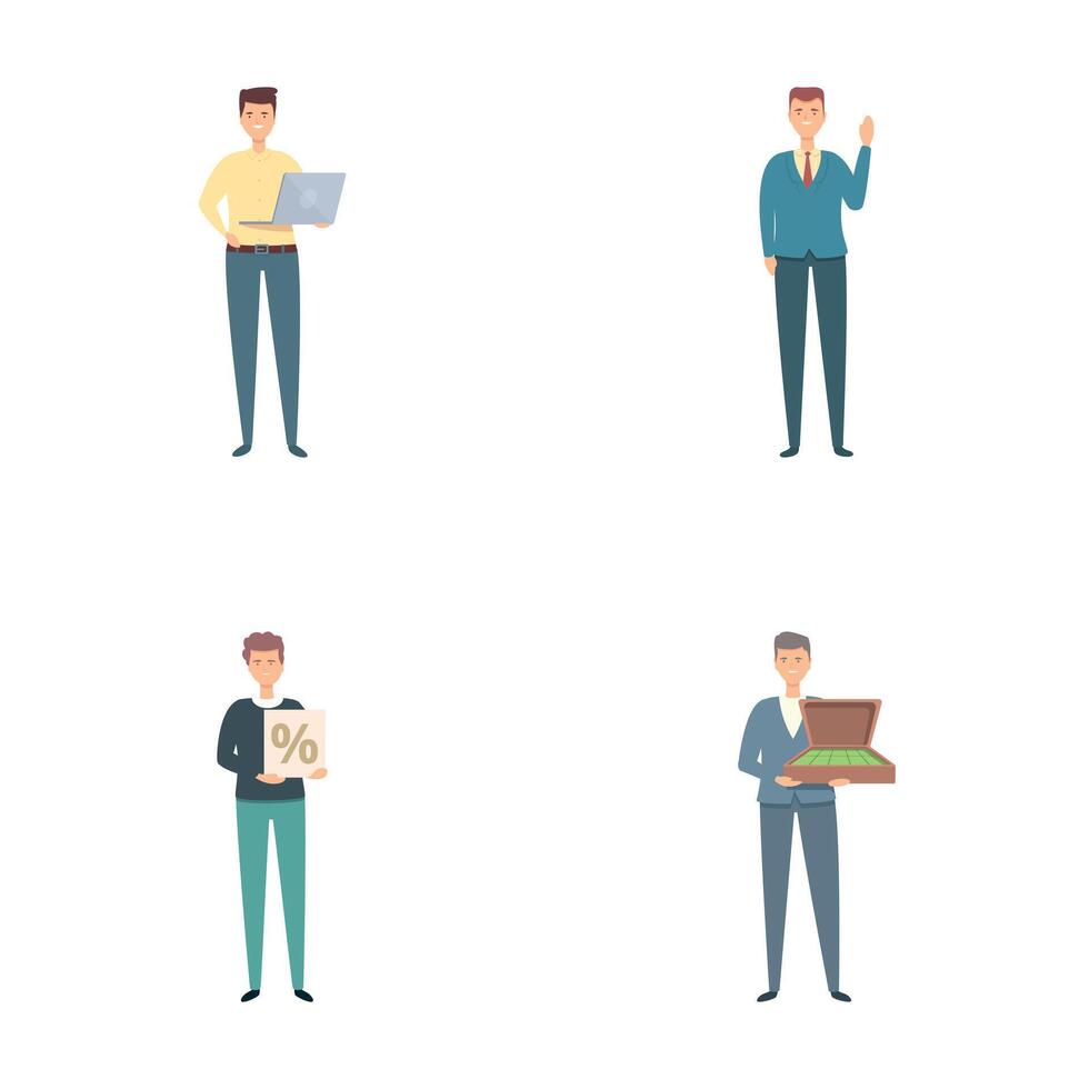 Creditor icons set cartoon . Successful male lender character vector