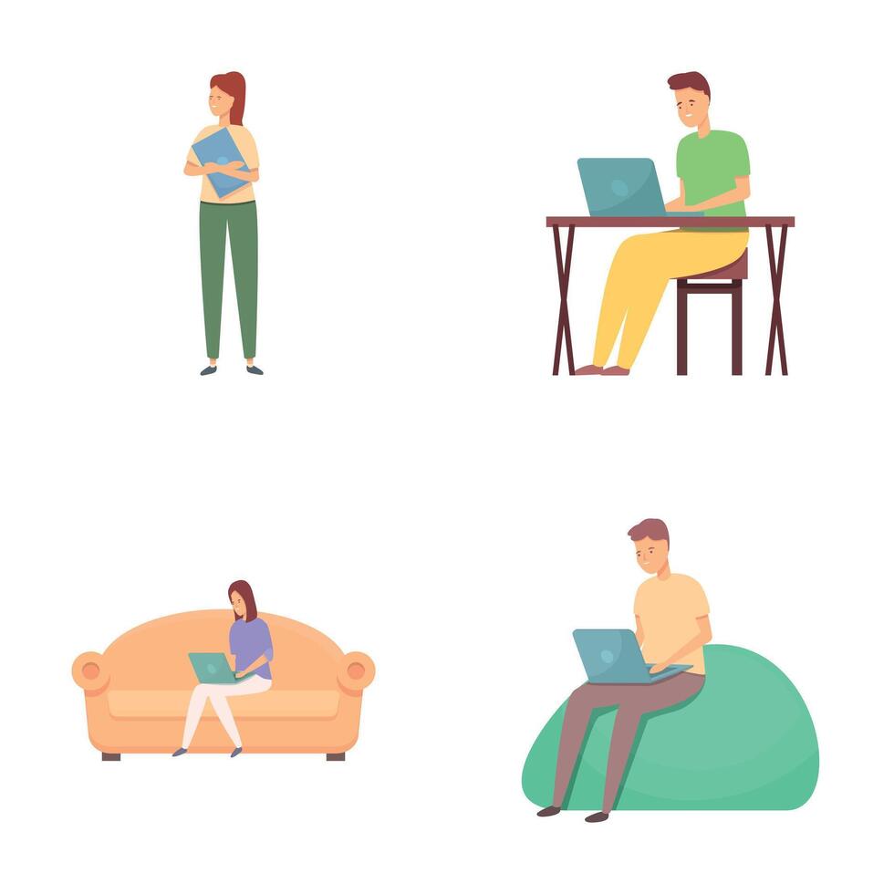 Freelance icons set cartoon . Young people work in comfortable condition vector