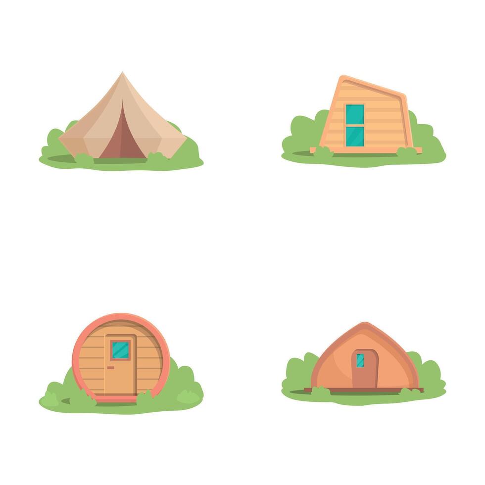 Glamping icons set cartoon . Different comfortable glamping tent vector