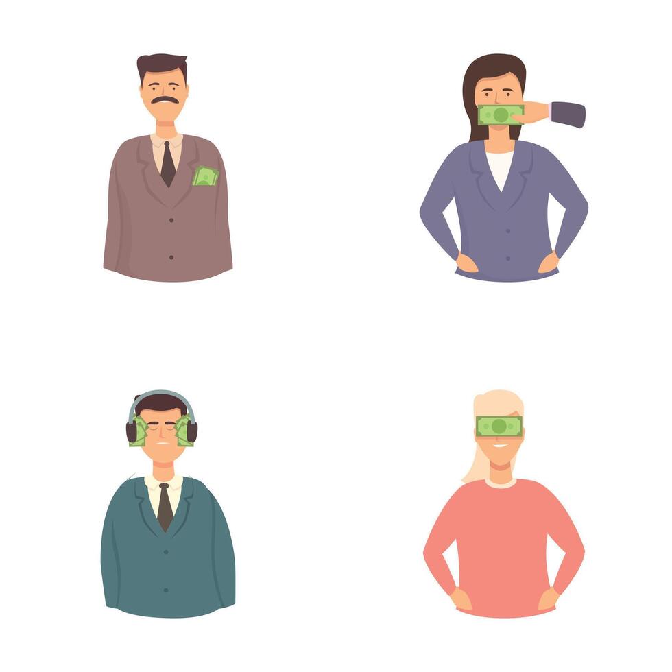 Lobby icons set cartoon . Money influence on legislator action vector
