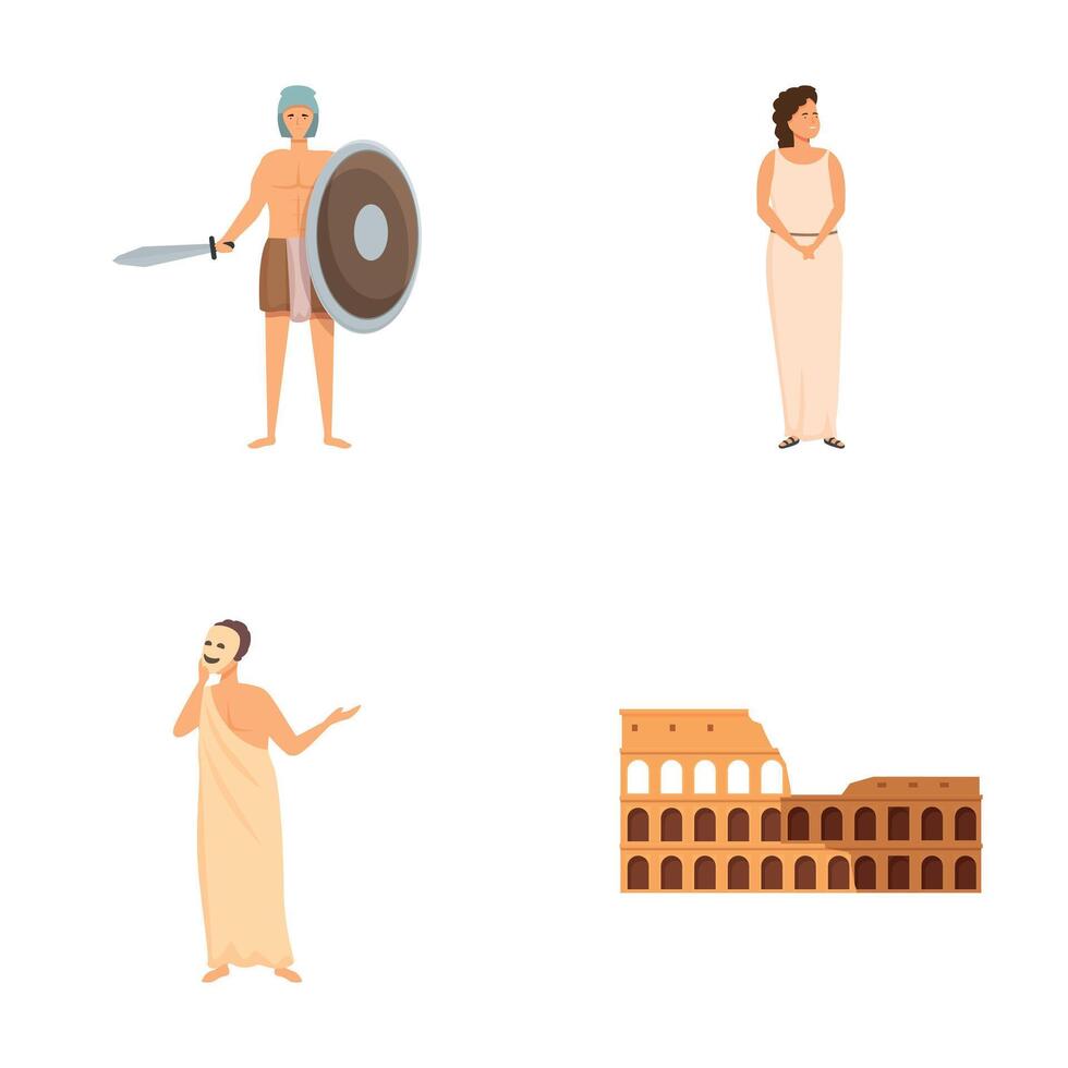 Amphitheatre icons set cartoon . Ancient roman character and landmark vector