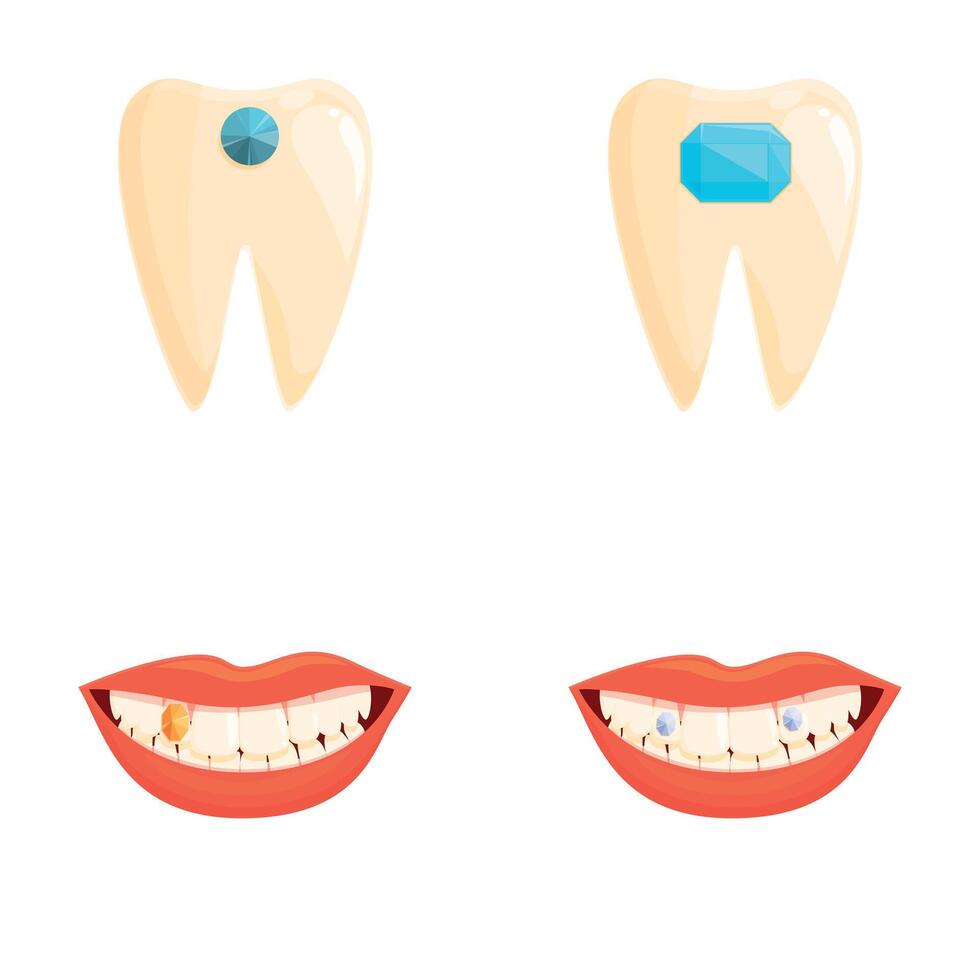 Dental jewelry icons set cartoon . Human tooth decorated with gem vector