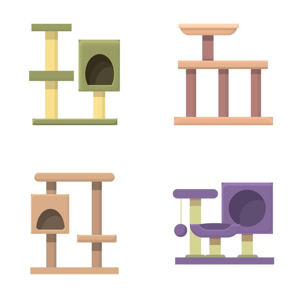 Pet supplies icons set cartoon . Scratching post and cat house vector
