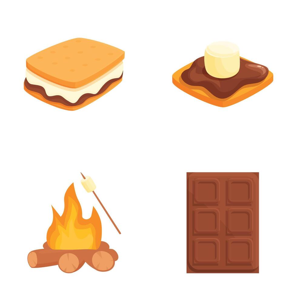 Collection of cartoon s'mores ingredients including marshmallow, chocolate, and biscuits on a white background vector