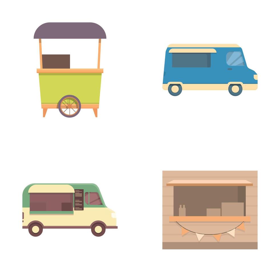 Collection of colorful food trucks and stalls illustrations vector