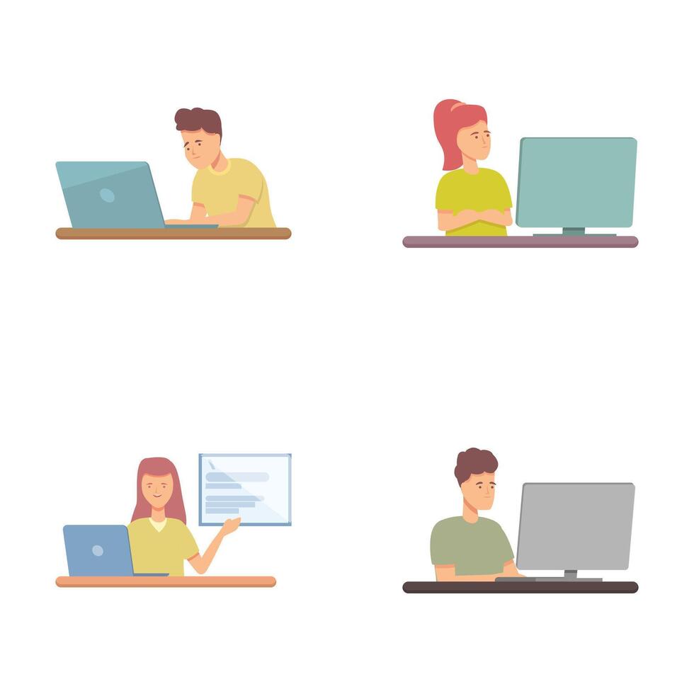 Set of cartoon freelancers using computers vector