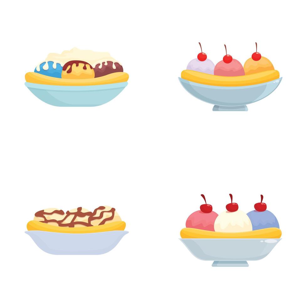 Set of four illustrations showcasing various sweet treats in bowls, perfect for menus or food content vector