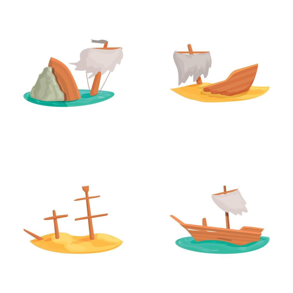 Set of four cartoonstyle shipwrecks, each isolated on different colored backgrounds vector