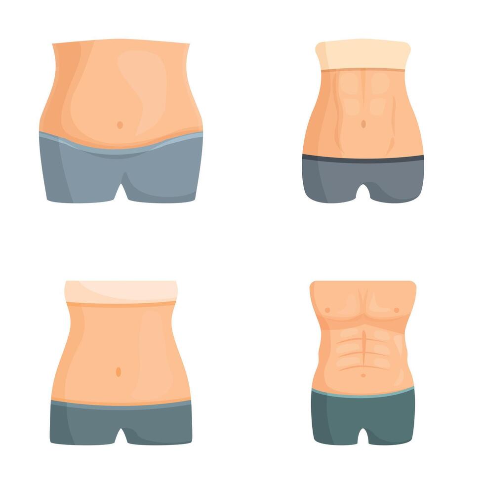 graphics showcasing four stages of body transformation from overweight to fit vector
