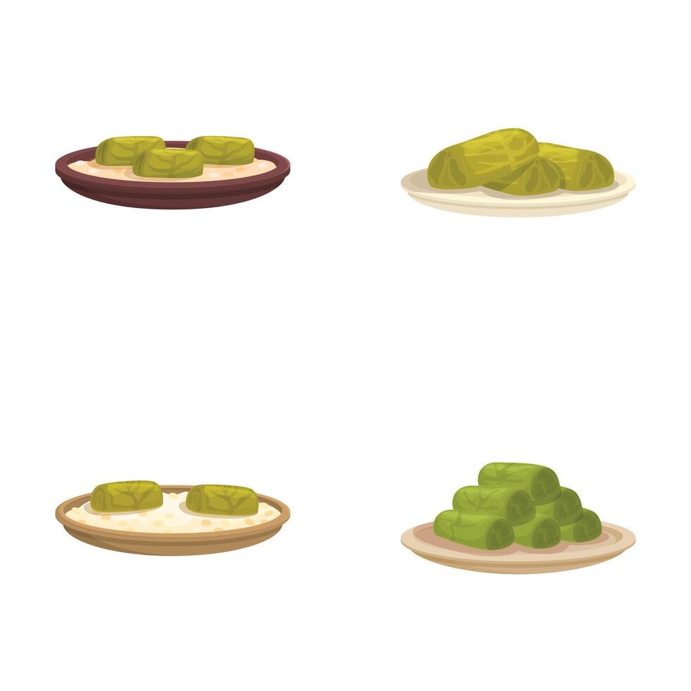 Variety of stuffed cabbage rolls on plates vector