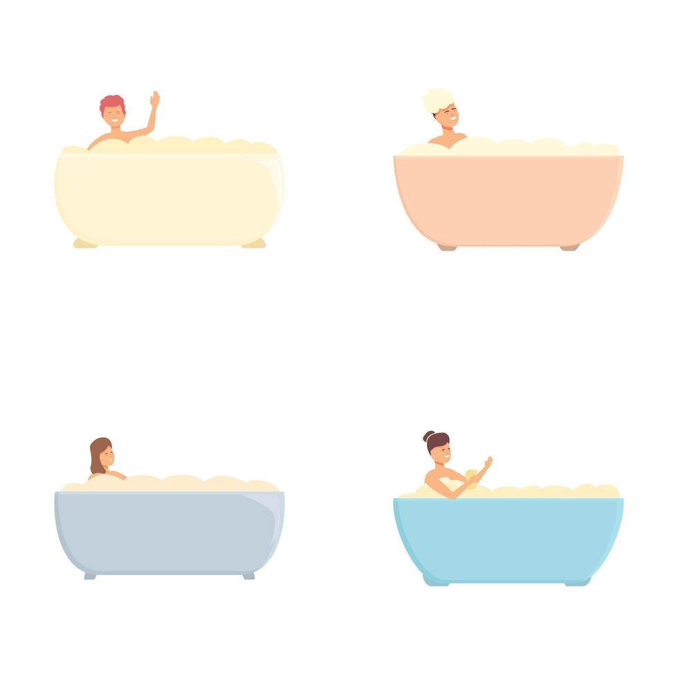 Set of diverse cartoon characters relaxing in bathtubs, isolated on white vector