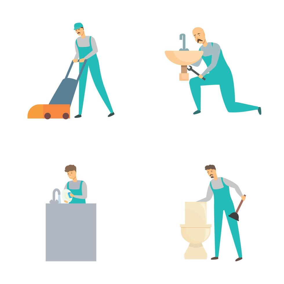 Set of professional cleaners performing various tasks vector
