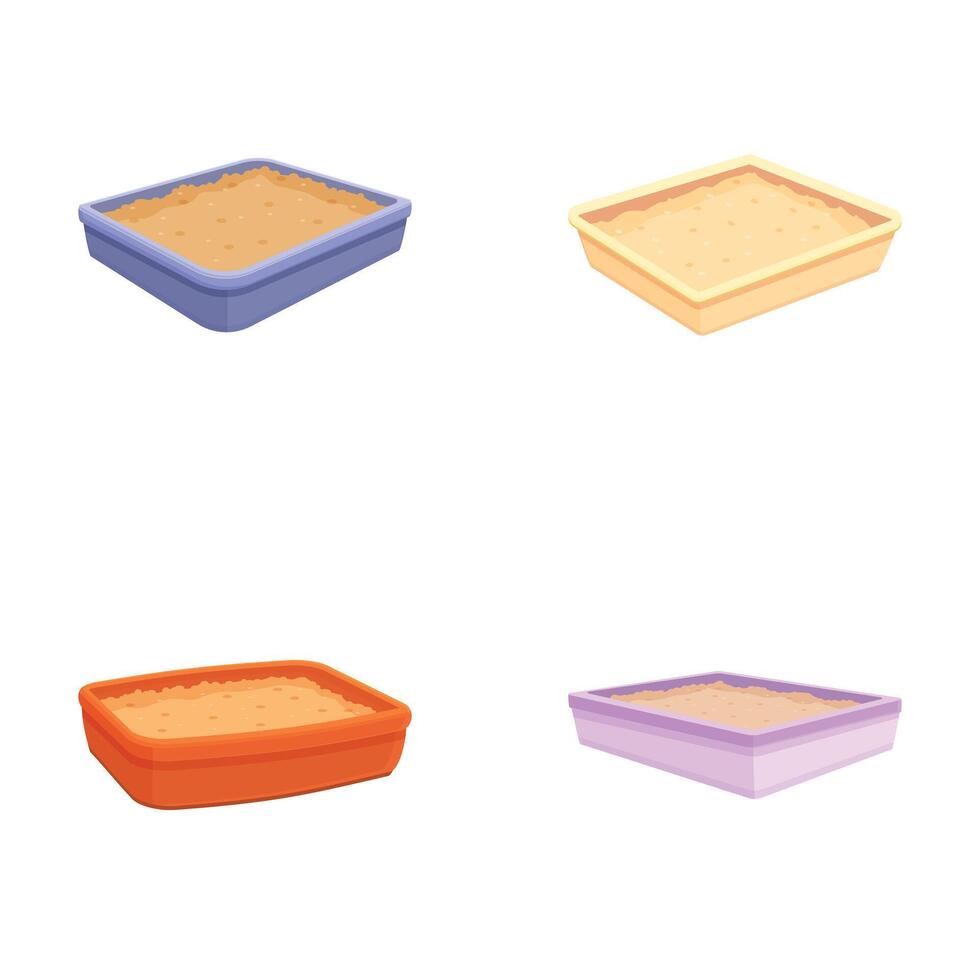 Collection of cartoonstyle pet litter boxes in various colors isolated on a white background vector