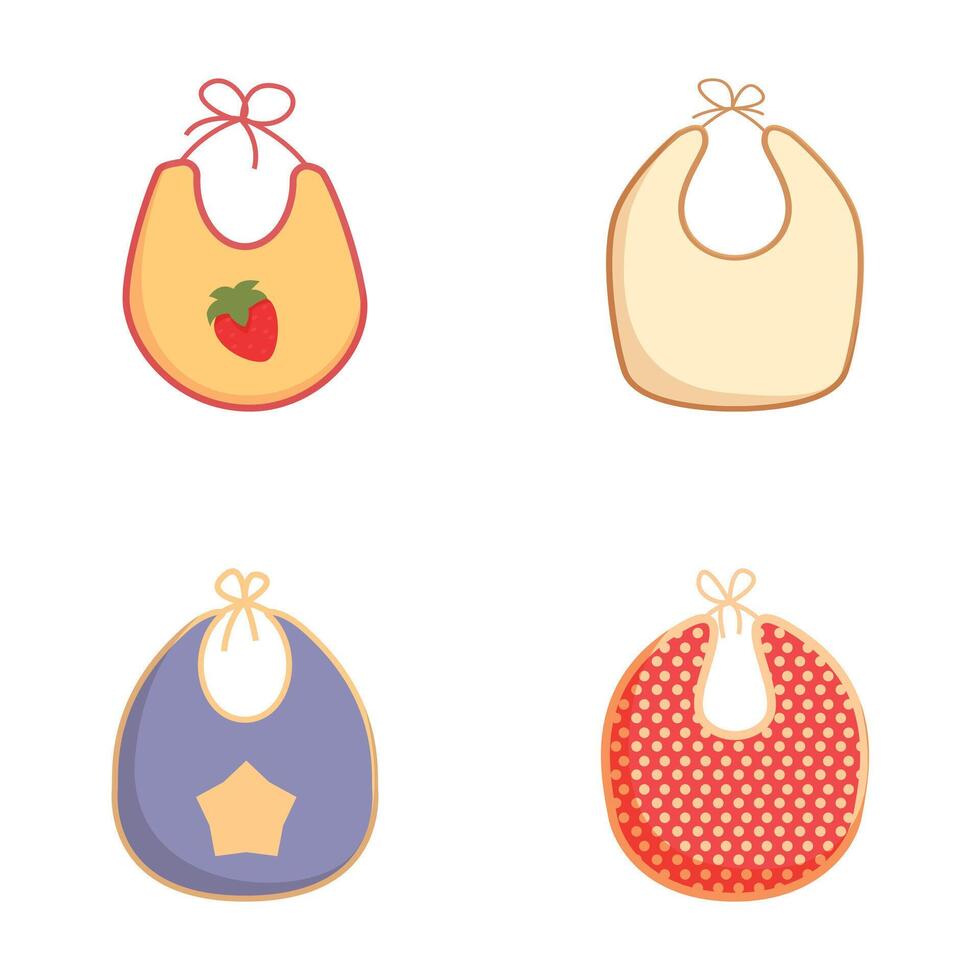 Set of cartoon baby bibs in various colors and patterns vector