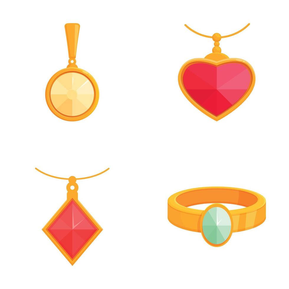 Set of four elegant jewelry illustrations including pendant, necklace, earring, and ring vector