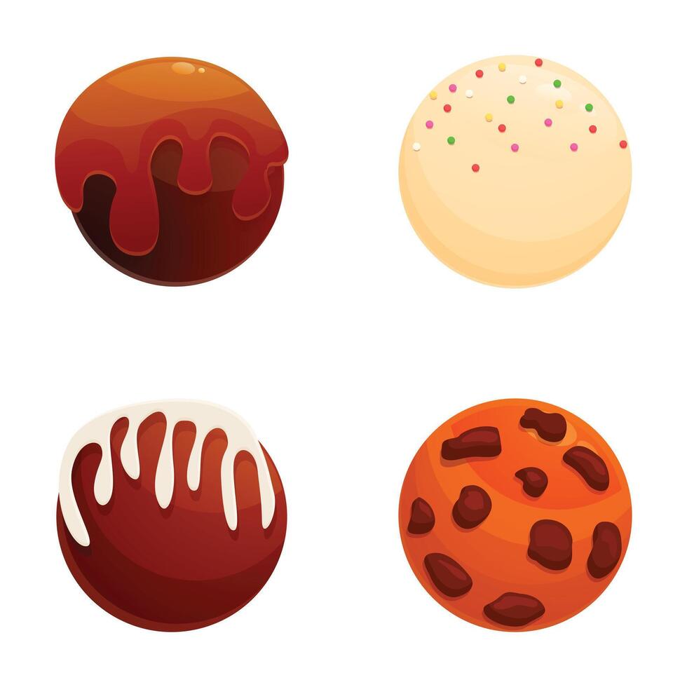 illustration of four different chocolate truffles with various toppings vector