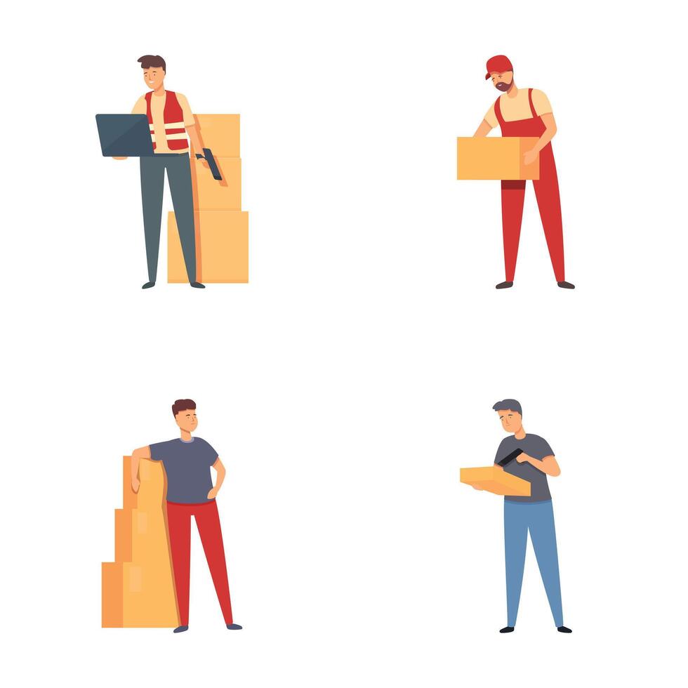 Set of delivery men characters with boxes vector