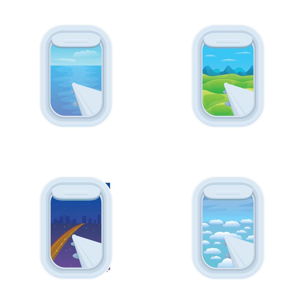 Set of airplane window views during different times of day vector