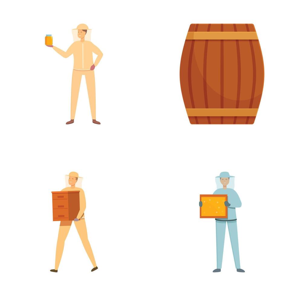 Set of brewery workers with beer, barrel, and crates vector