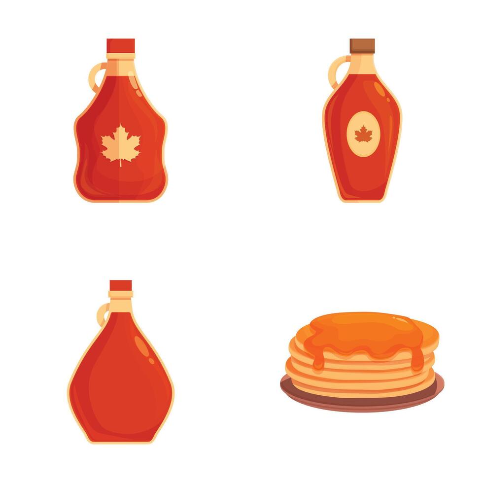 Maple syrup bottles and pancakes illustration set vector
