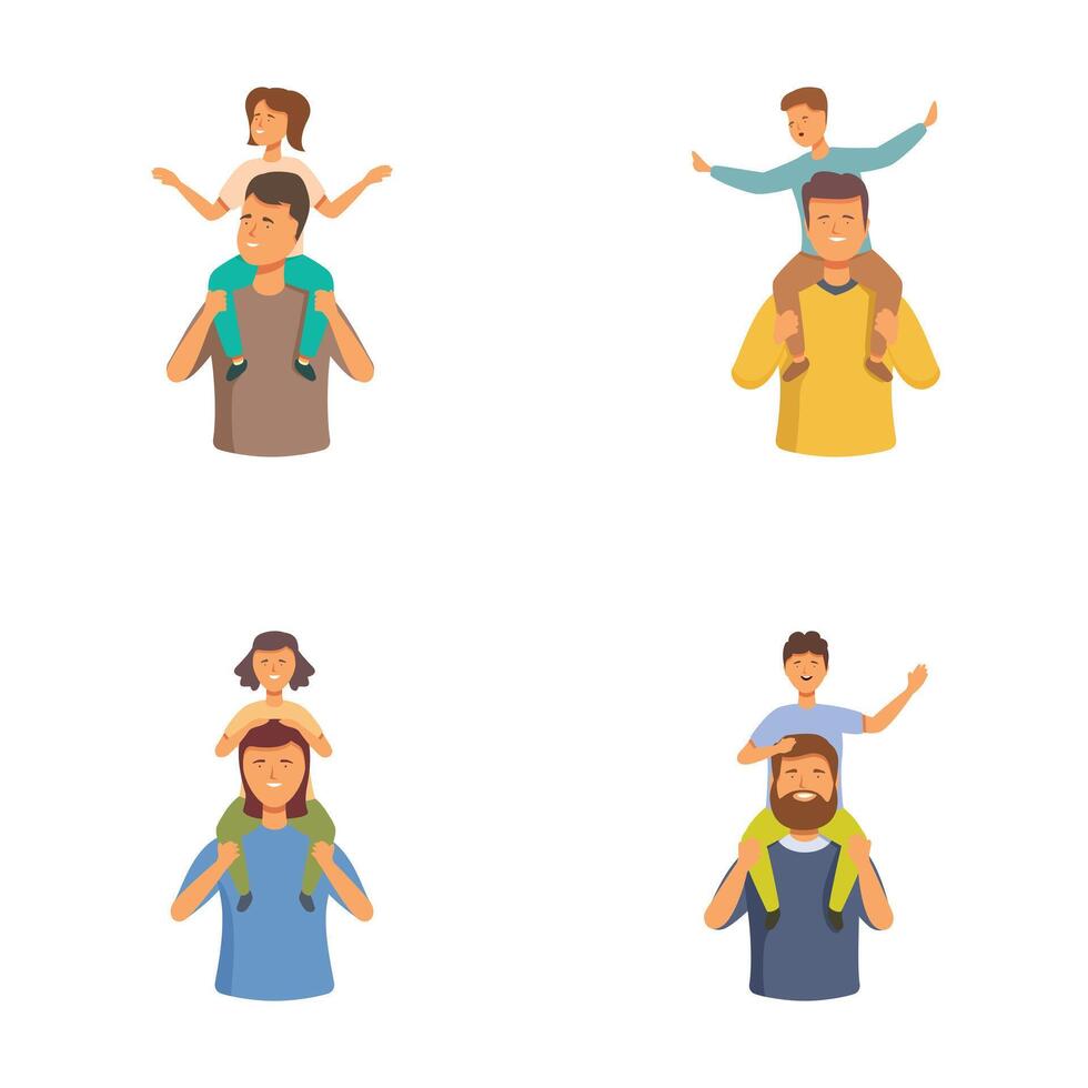 Family adventure time father and child piggyback illustrations vector