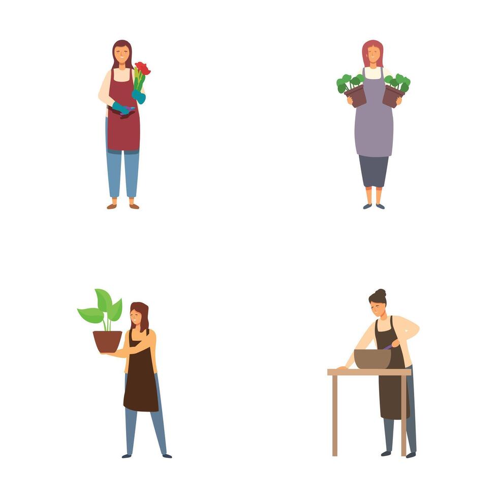 Set of illustrations of people with plants vector