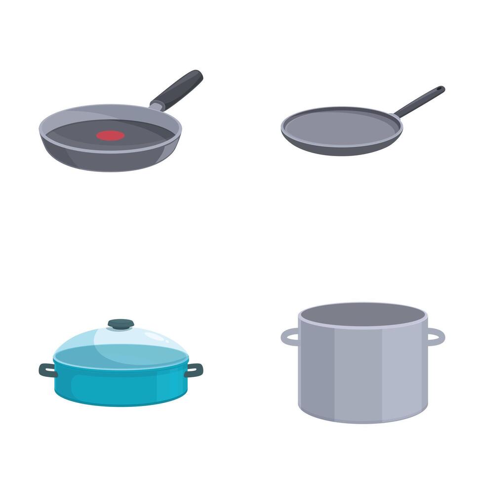 Illustrative set of different cookware items including a frying pan and pots vector