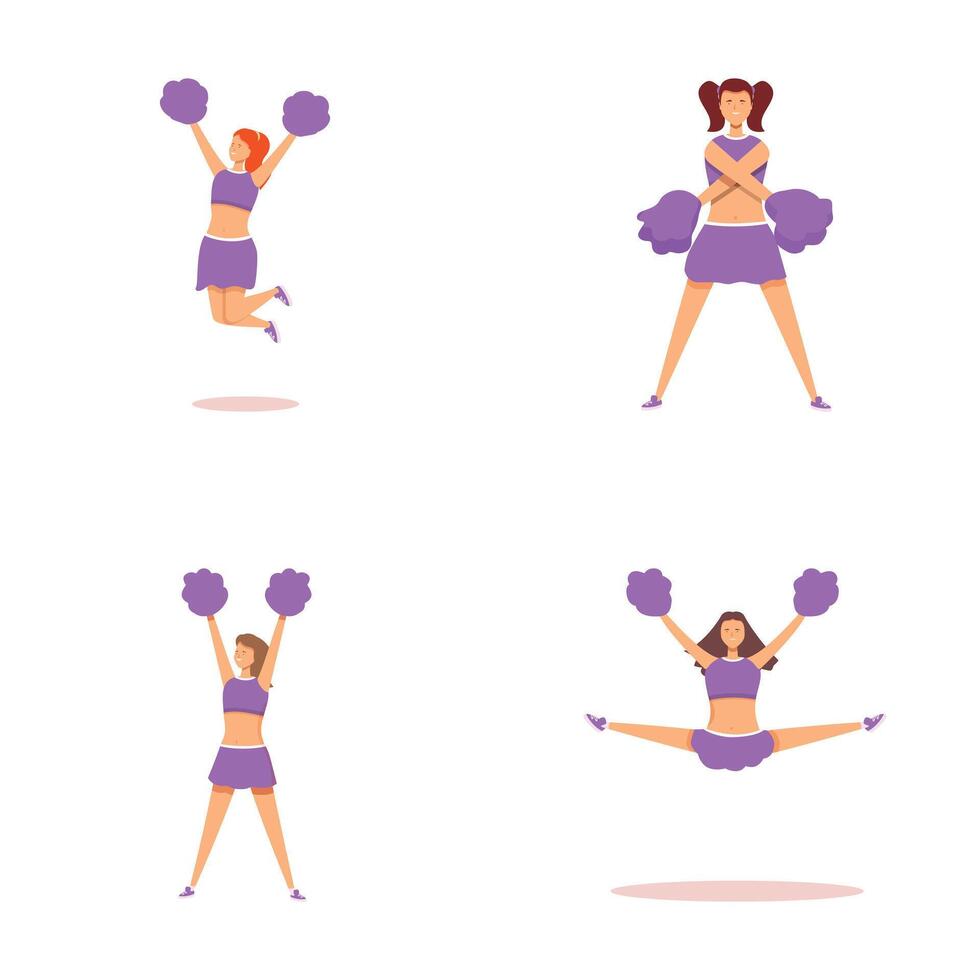 set of female cheerleaders with pompoms in various poses vector