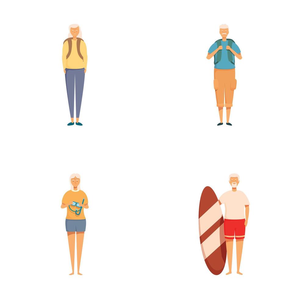 Set of four illustrations showing an elderly man in various outfits and activities vector