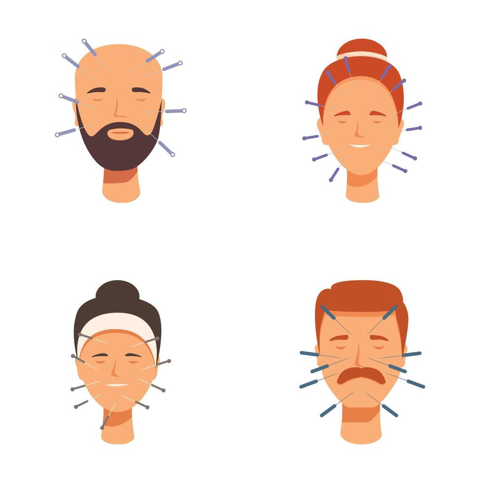 Set of cartoon faces with acupuncture needles vector