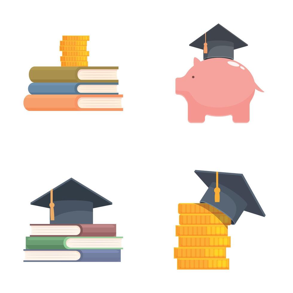 Four graphics showcasing books, graduation cap, piggy bank, and coins symbolizing educational savings and investments vector
