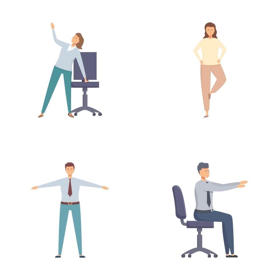 Diverse set of business people performing stretching exercises at work vector