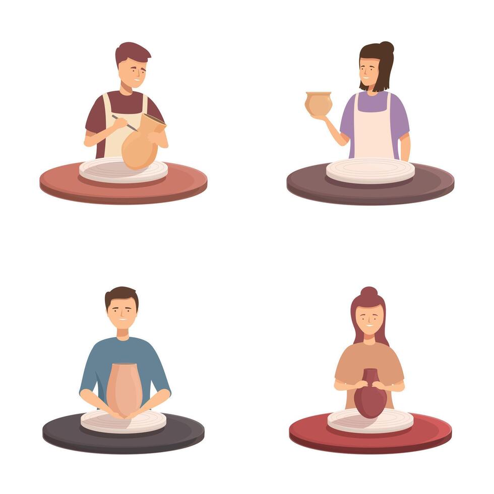 Collection of illustrations showcasing individuals crafting ceramics on pottery wheels vector