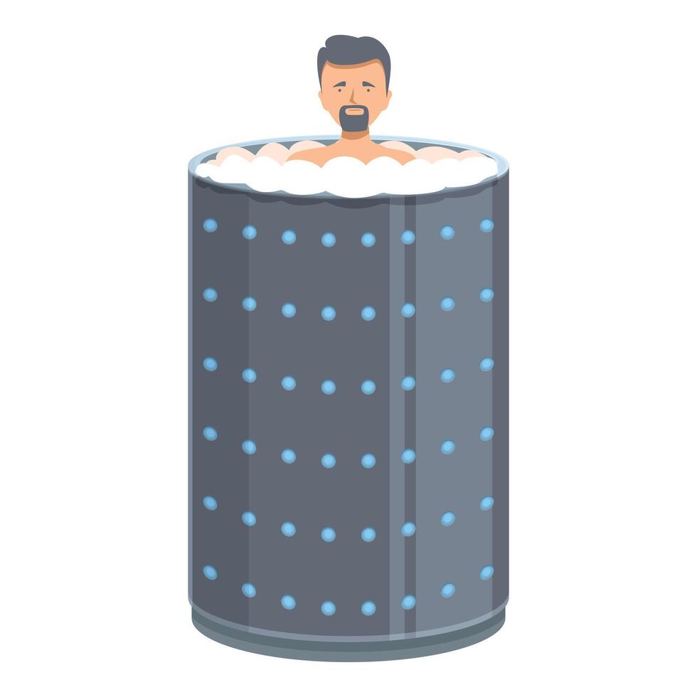 Bearded man relaxing in a cryotherapy tank experiencing freezing temperatures vector