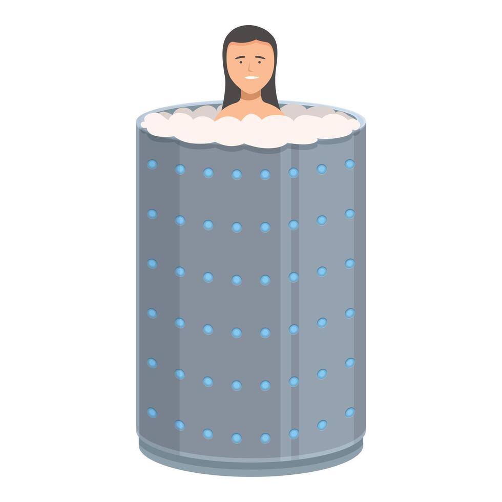 Woman relaxing in a cryotherapy machine having a cryotherapy session vector