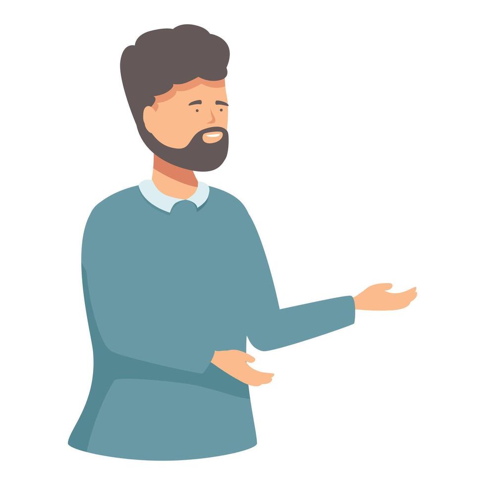 Bearded man is gesturing with his hand as if he is presenting something important vector