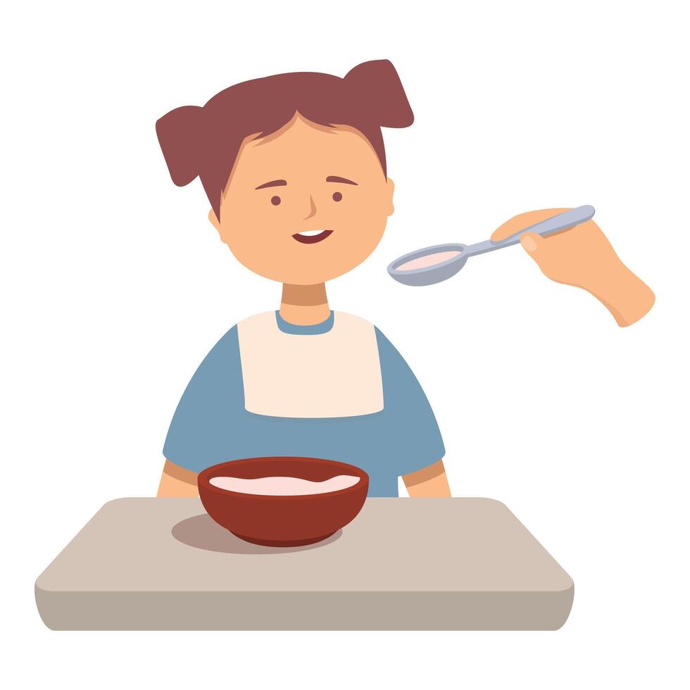 Smiling toddler girl wearing bib sitting at table and eating porridge from spoon vector