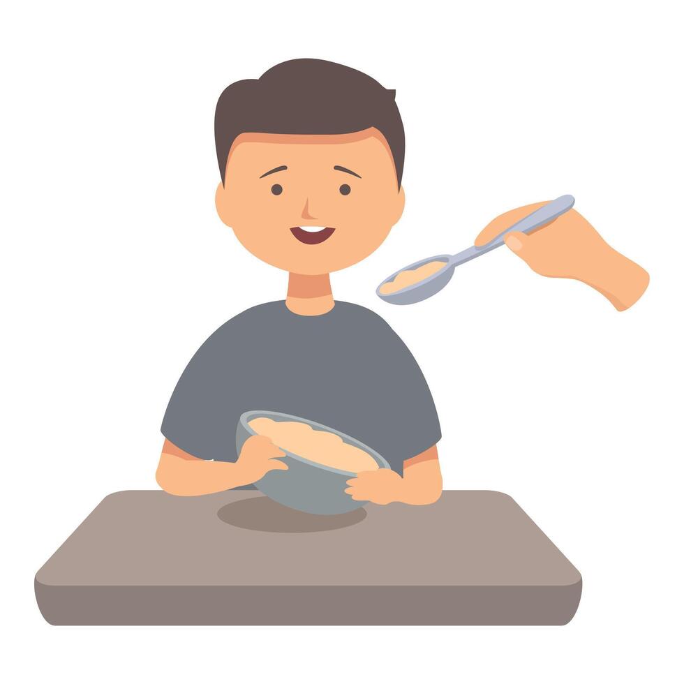 Happy boy eating porridge from bowl being fed by kindergarten teacher vector