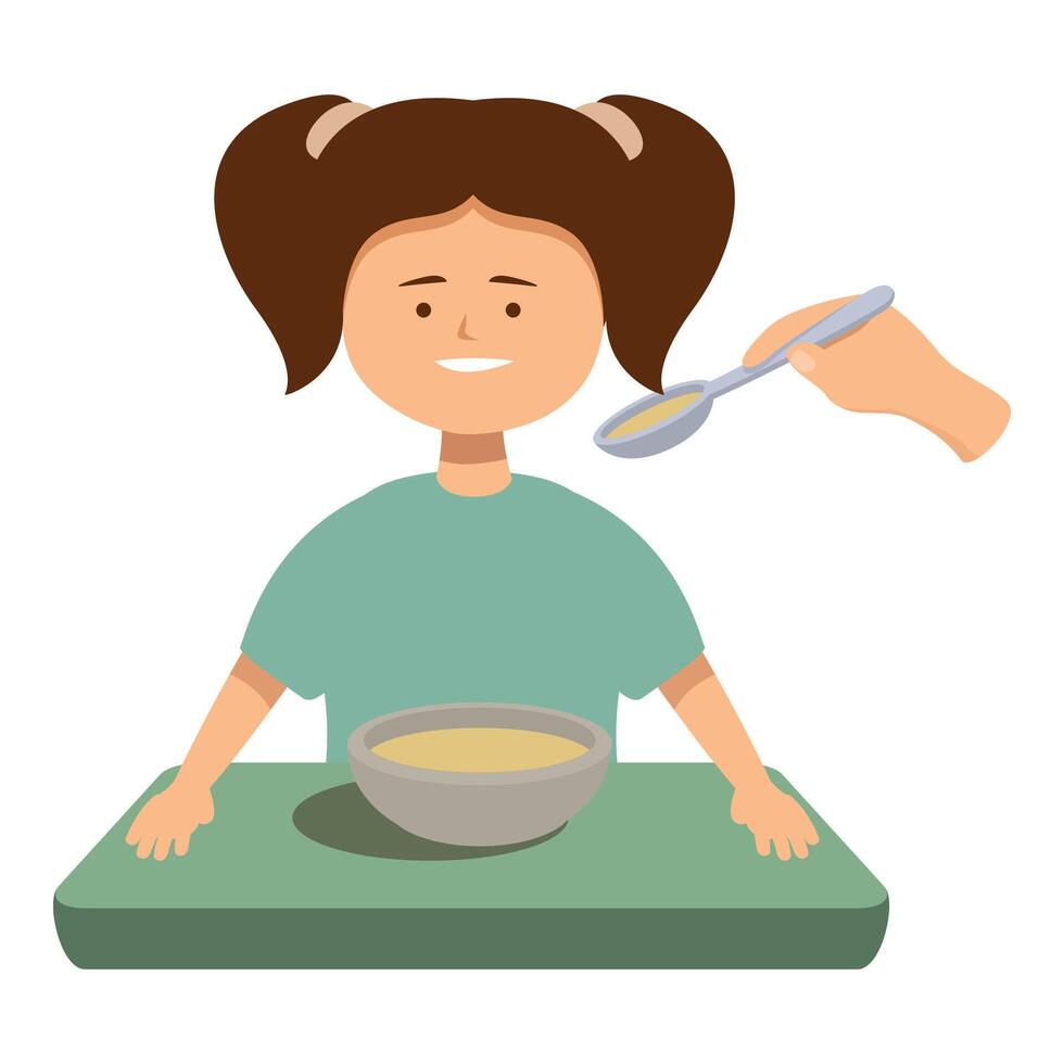 Smiling girl sitting at table eating soup being fed by nurse or mother vector