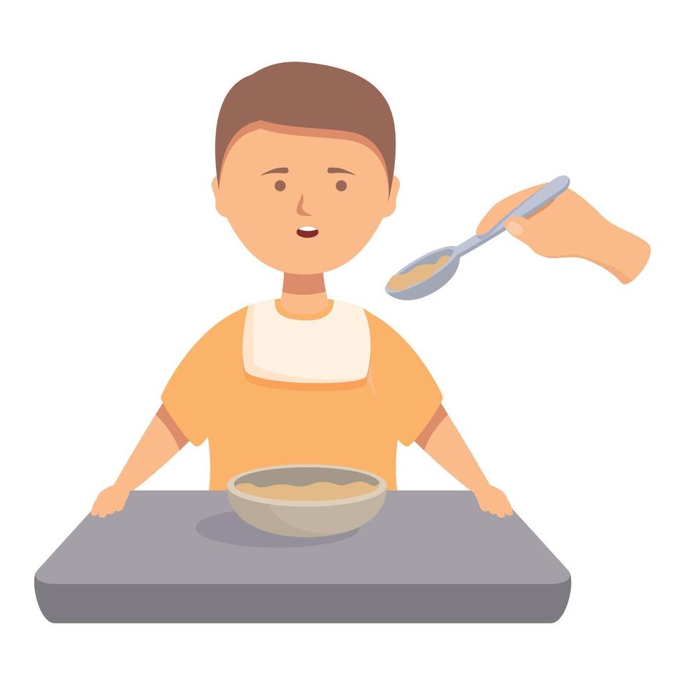 Hungry baby boy is being fed a meal in a high chair vector
