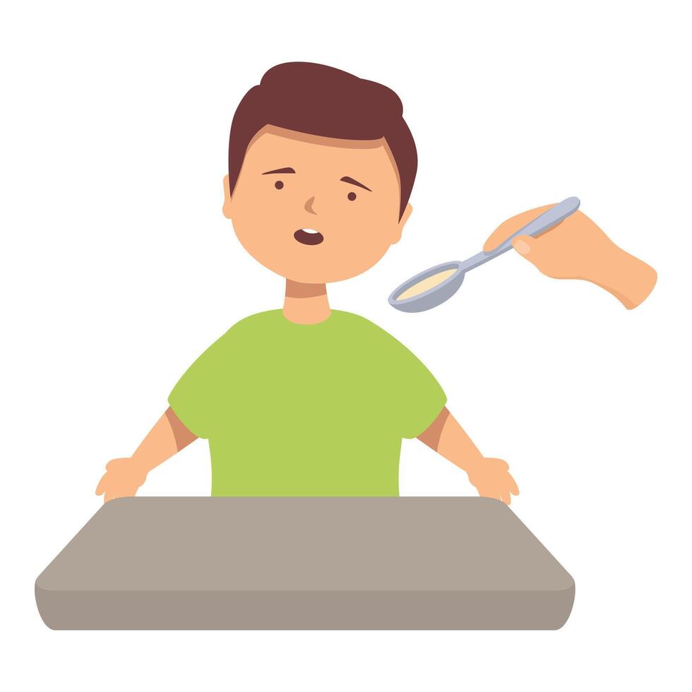Little boy sitting at table being fed with a spoon by a nurse or doctor vector